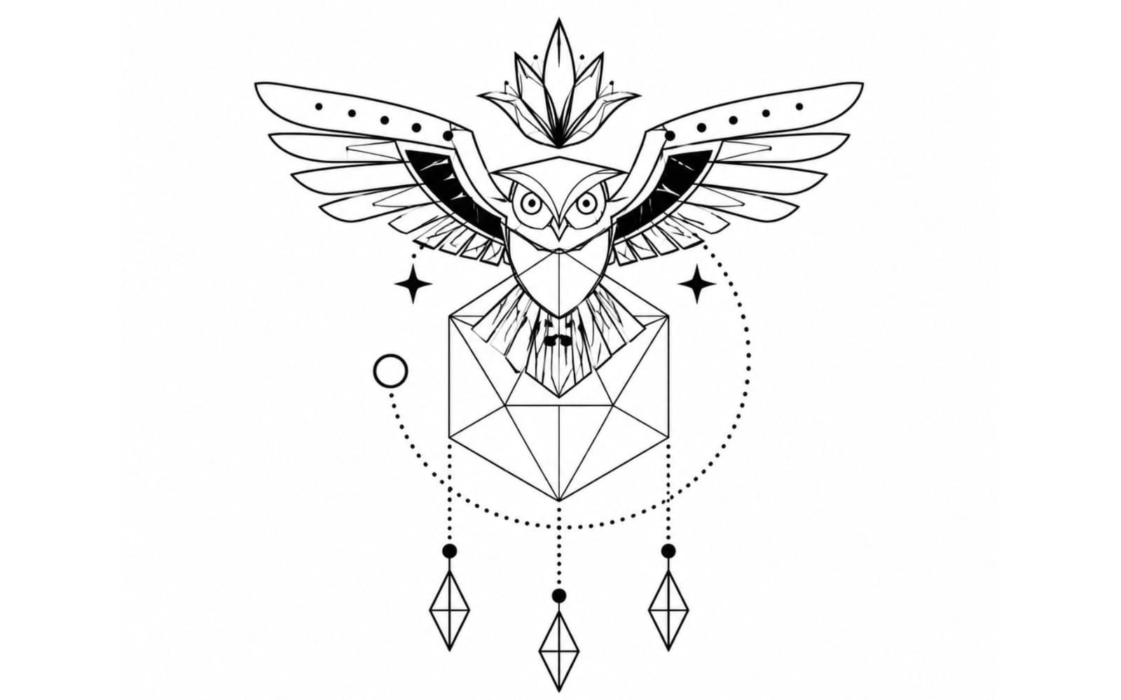 Geometric owl tattoo design with minimal black line art, dots, and hanging diamond charms on white background