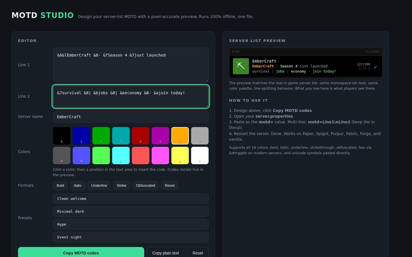 MOTD Studio | Minecraft Server List MOTD Designer