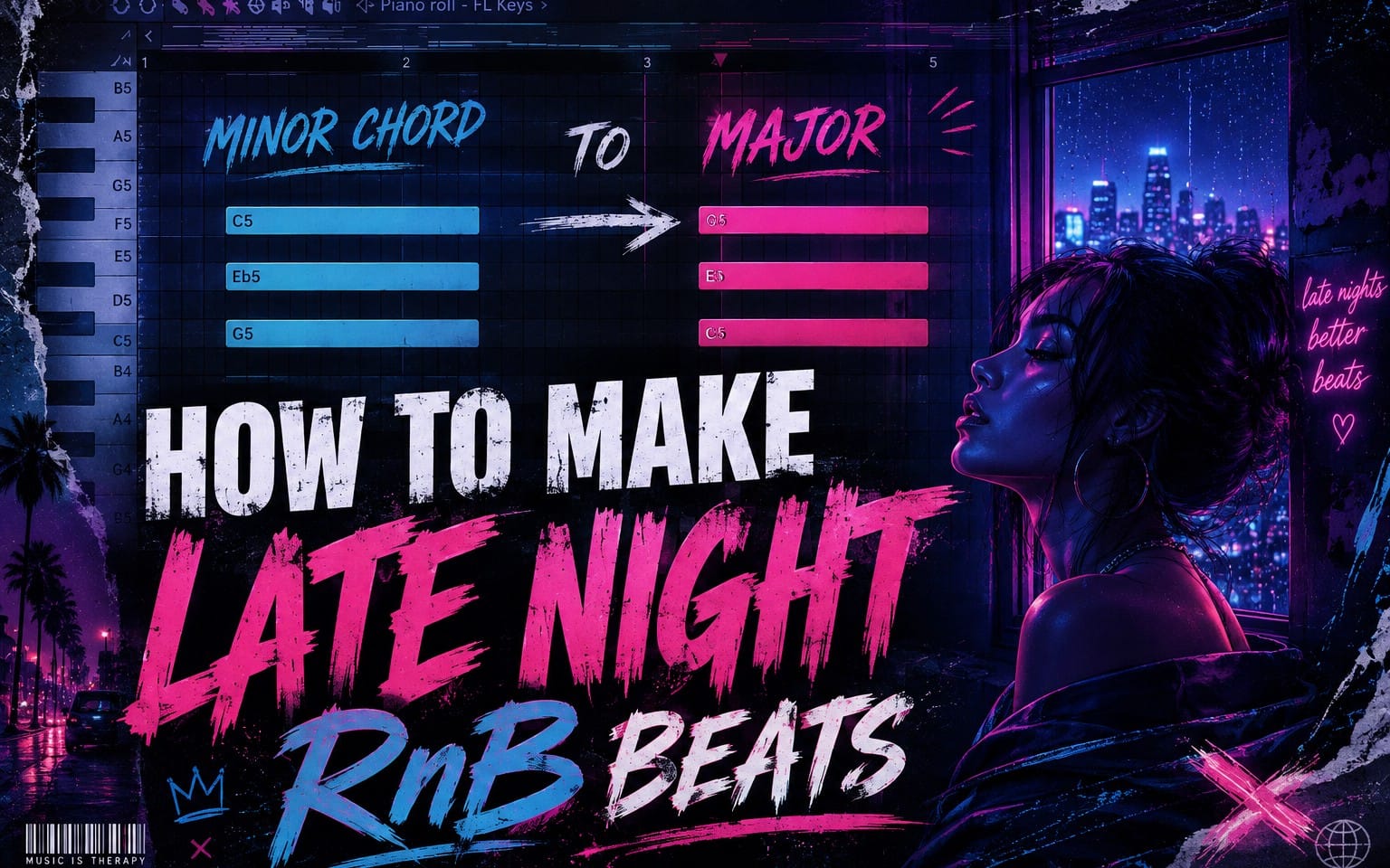 FL Studio piano roll screen with neon text How To Make Late Nights RnB beat FLP and female night city artwork