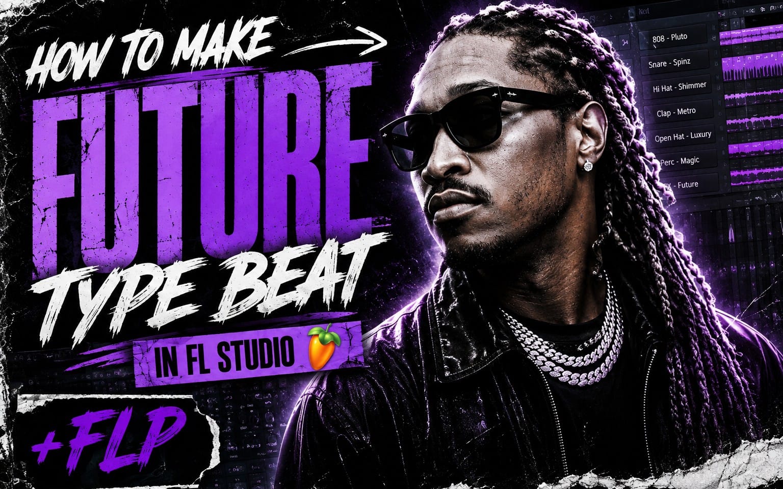 Graffiti-style Future type beat FLP cover with rapper portrait and FL Studio interface screenshots background