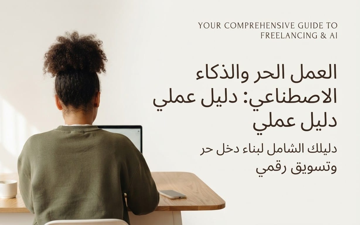 غلاف كتاب رقمي بعنوان العمل الحر والتسويق الرقمي بالذكاء الاصطناعي مع شخص يجلس أمام شاشة كمبيوتر