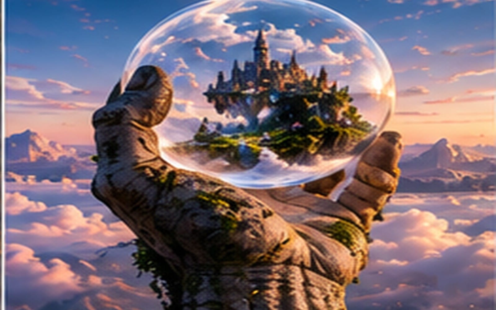 Surreal digital art background with a hand holding a glass orb cityscape in a dreamlike sky for art pack