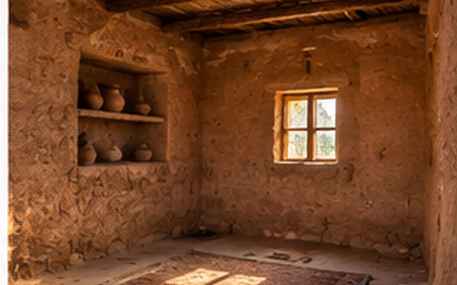 Old mud houمse heritage photo interior with earthen walls, small window, and carved niche shelves