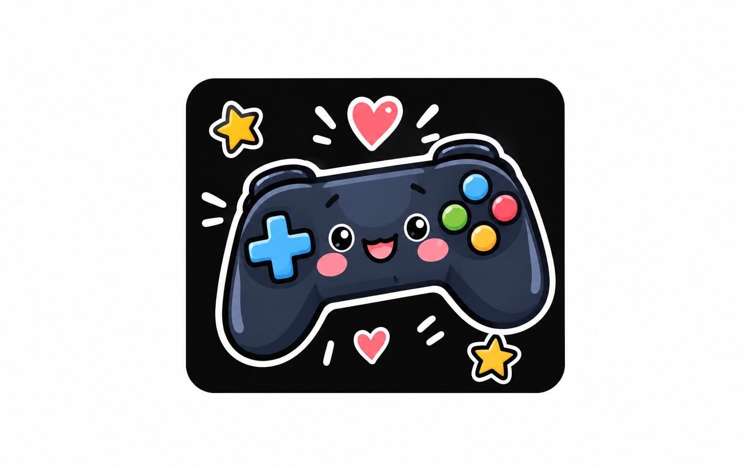 Cute kawaii gaming controller sticker with hearts and stars on a black background, PNG sticker bundle design