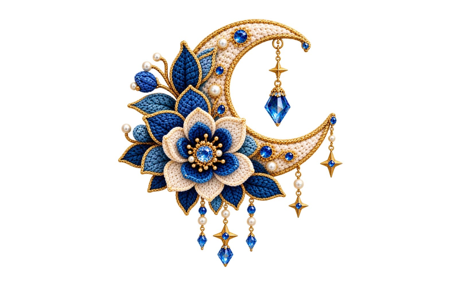 Blue and gold crochet moon flower sticker with layered petals, pearl accents, and dangling charm details