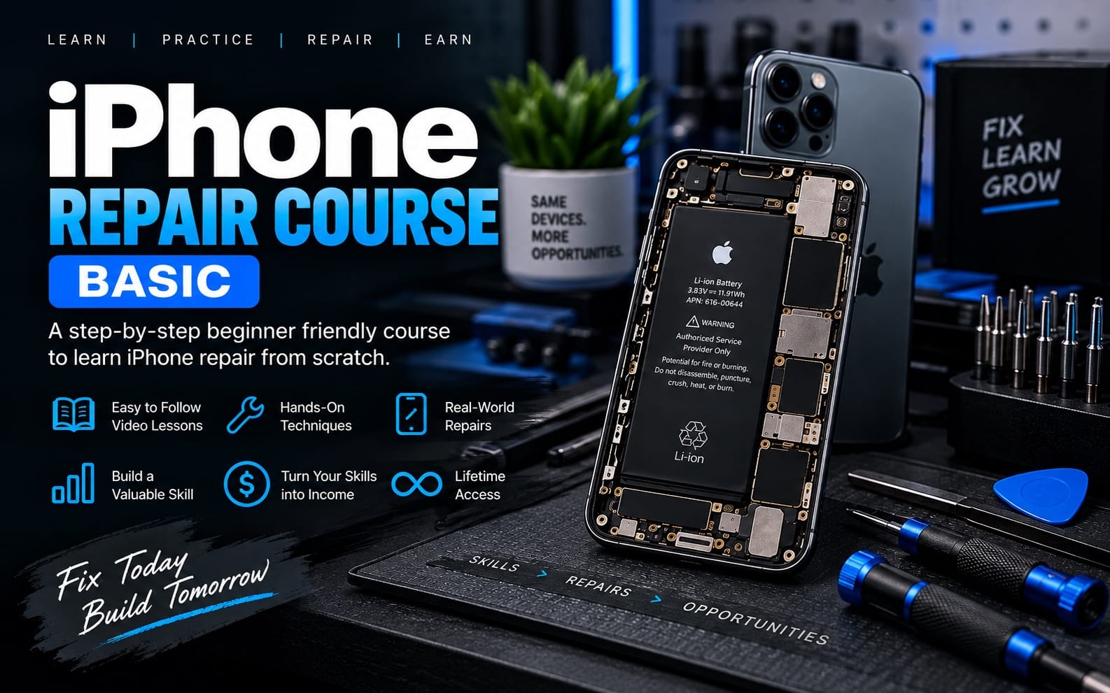Promotional cover for iPhone Repair Mastery basic course showing an iPhone interior on a repair bench with tools