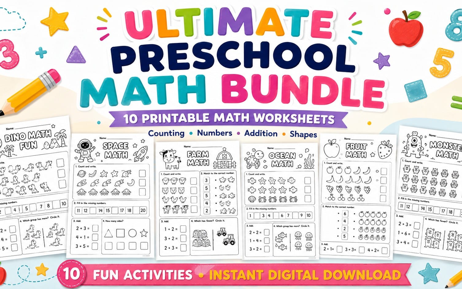 Colorful banner for ultimate preschool math worksheets bundle showing 10 printable kids activities with counting