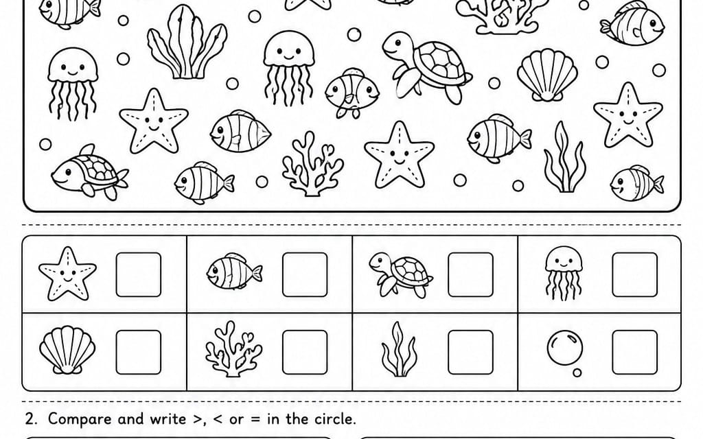 Cartoon sea life doodles and aquarium animals line art with blank label boxes for an educational worksheet