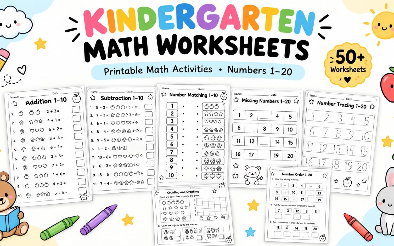 Kindergarten math worksheets bundle with number tracing, addition, subtraction, counting and worksheets 1–20 50+ sheets