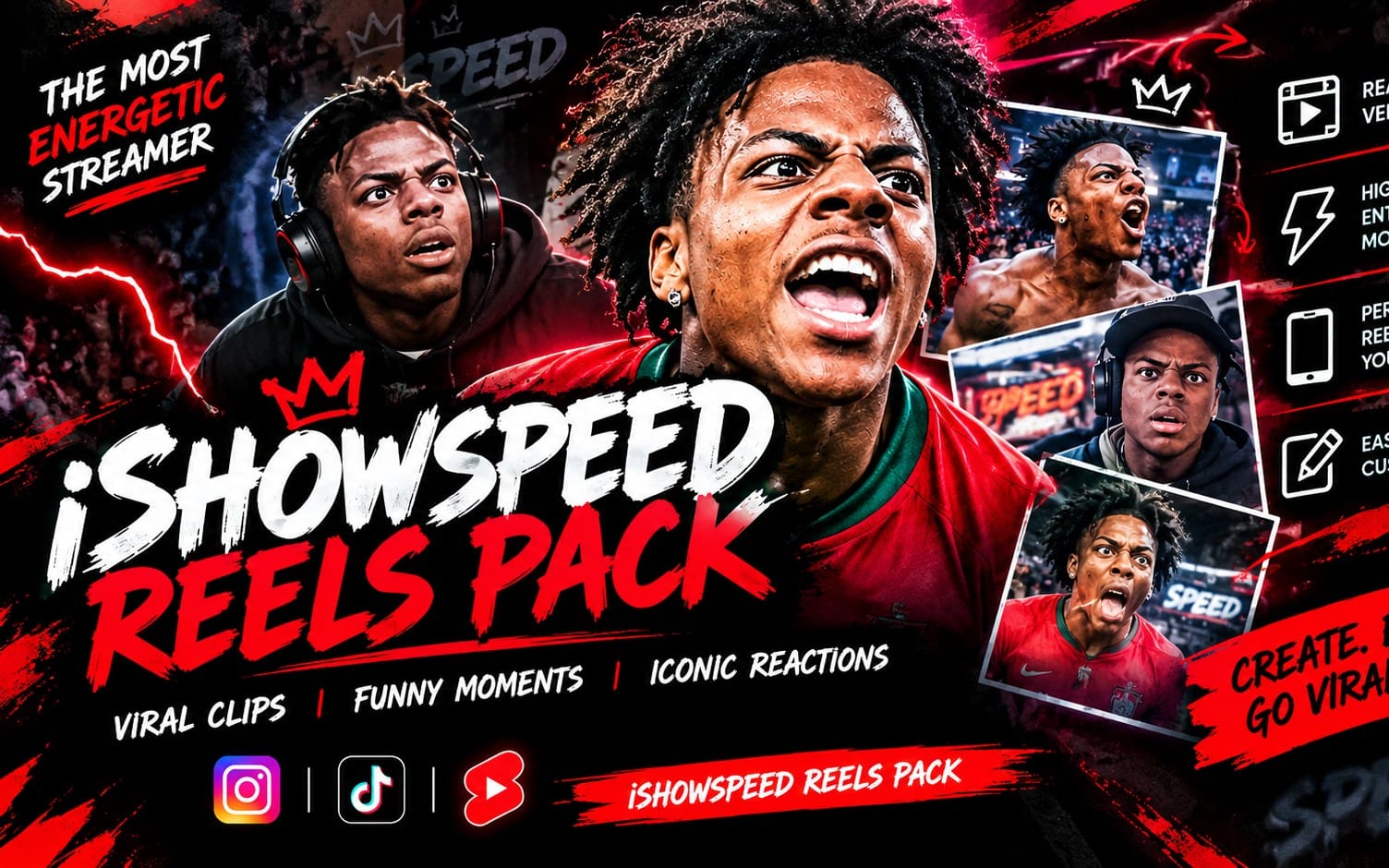 Vibrant iShowSpeed reels clips pack banner with a screaming streamer portrait and several reaction video thumbnails