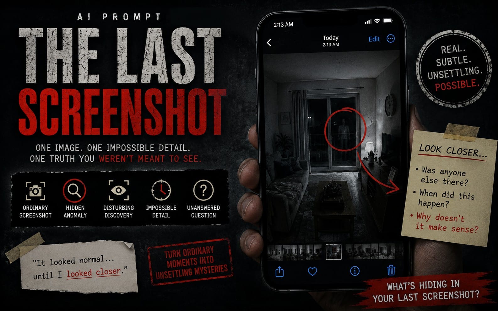 Horror-themed AI prompt cover showing a smartphone with a haunted doorway and highlighted figure plus creepy text and