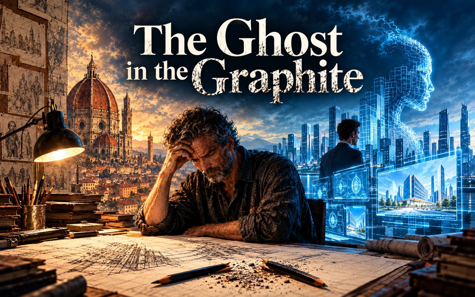 Motivational story cover design showing a weary artist drawing beside books and pencils with city tech holograms and
