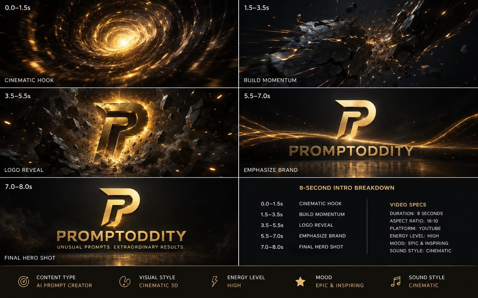 Promotional graphic for AI video prompt generator showing cinematic 3D gold logo transitions and an 8-second intro