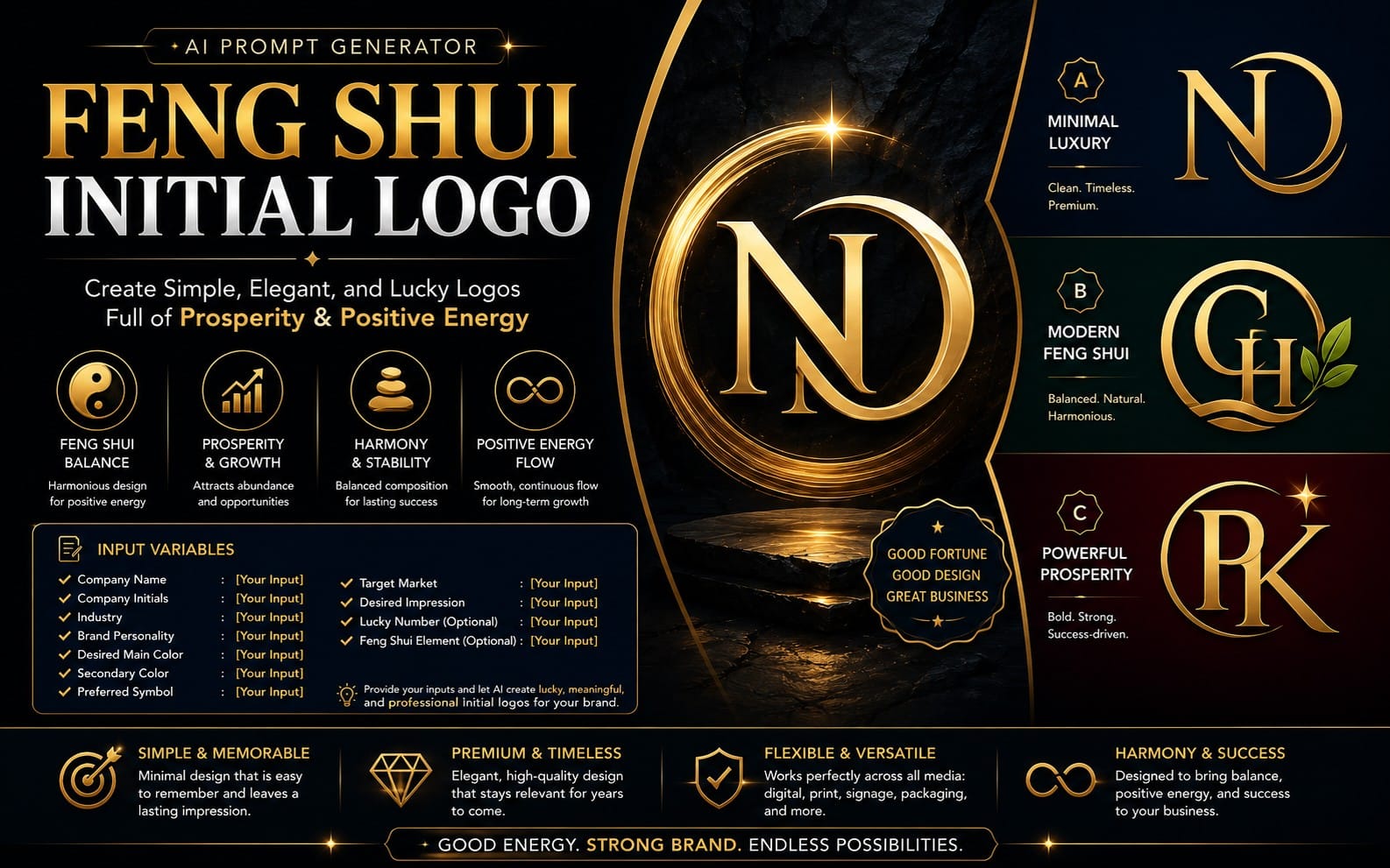 AI prompt banner for generating lucky Feng Shui initial logos, featuring gold monograms on a dark luxury background