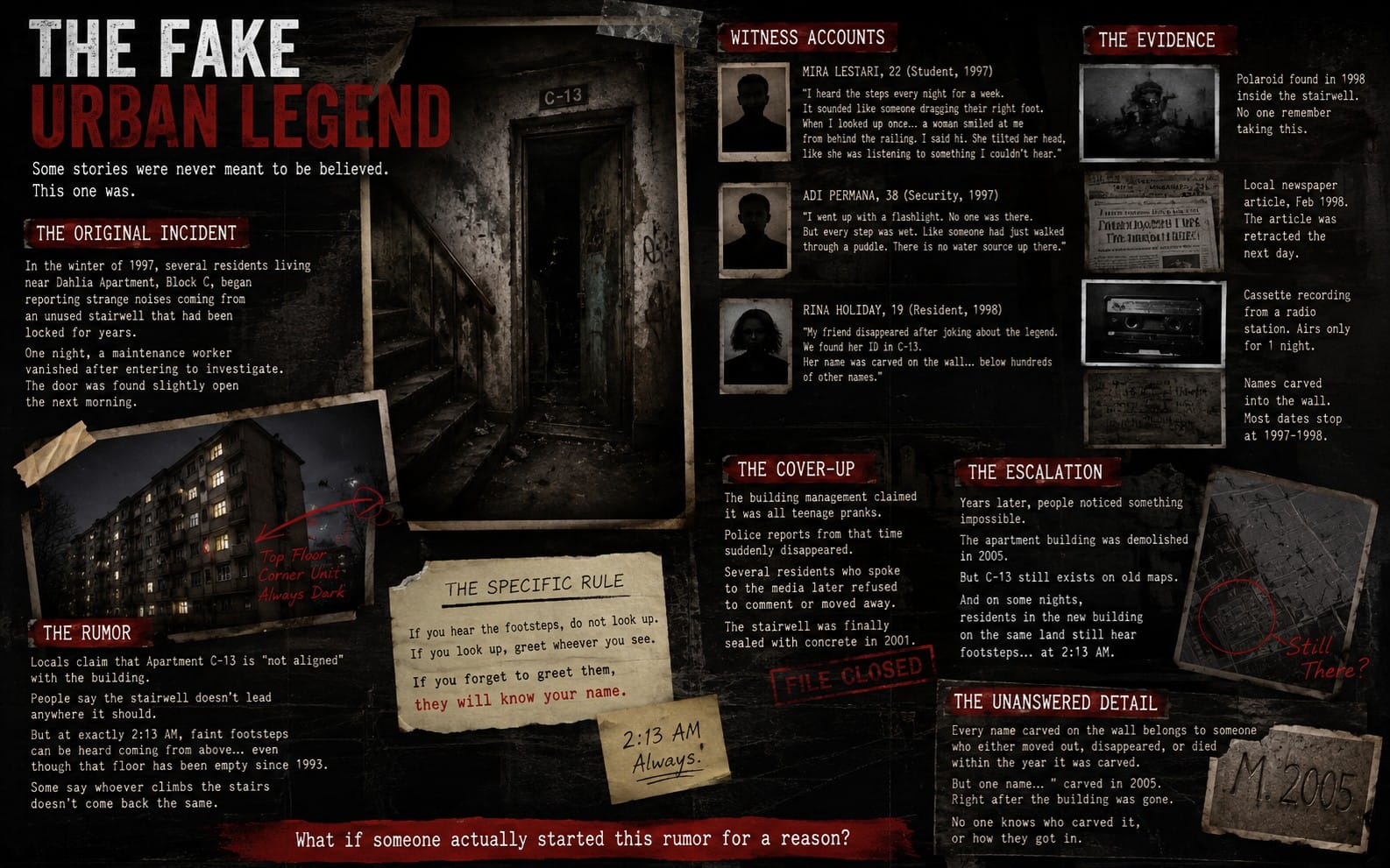 Horror urban legend story generator promotional poster with dark evidence photos, newspaper clippings, and handwritten