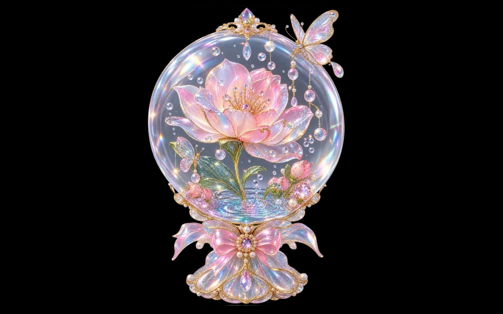 Transparent pastel glass flower ornament with iridescent butterfly and sparkles, PNG on black background