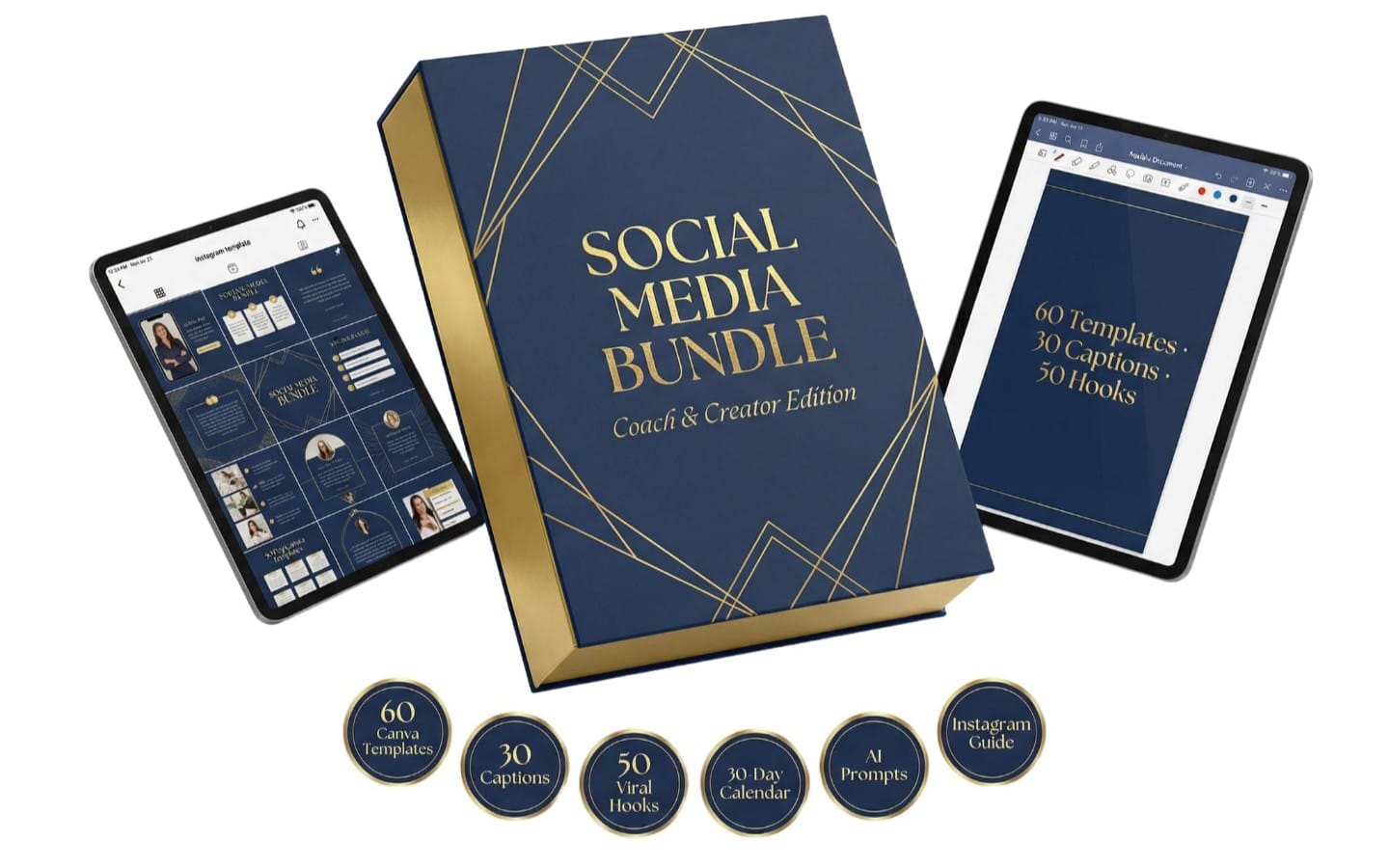 NEXT AURA AI Social Media Content Kit Vol 01 bundle with tablet screens, templates, captions and prompts badges