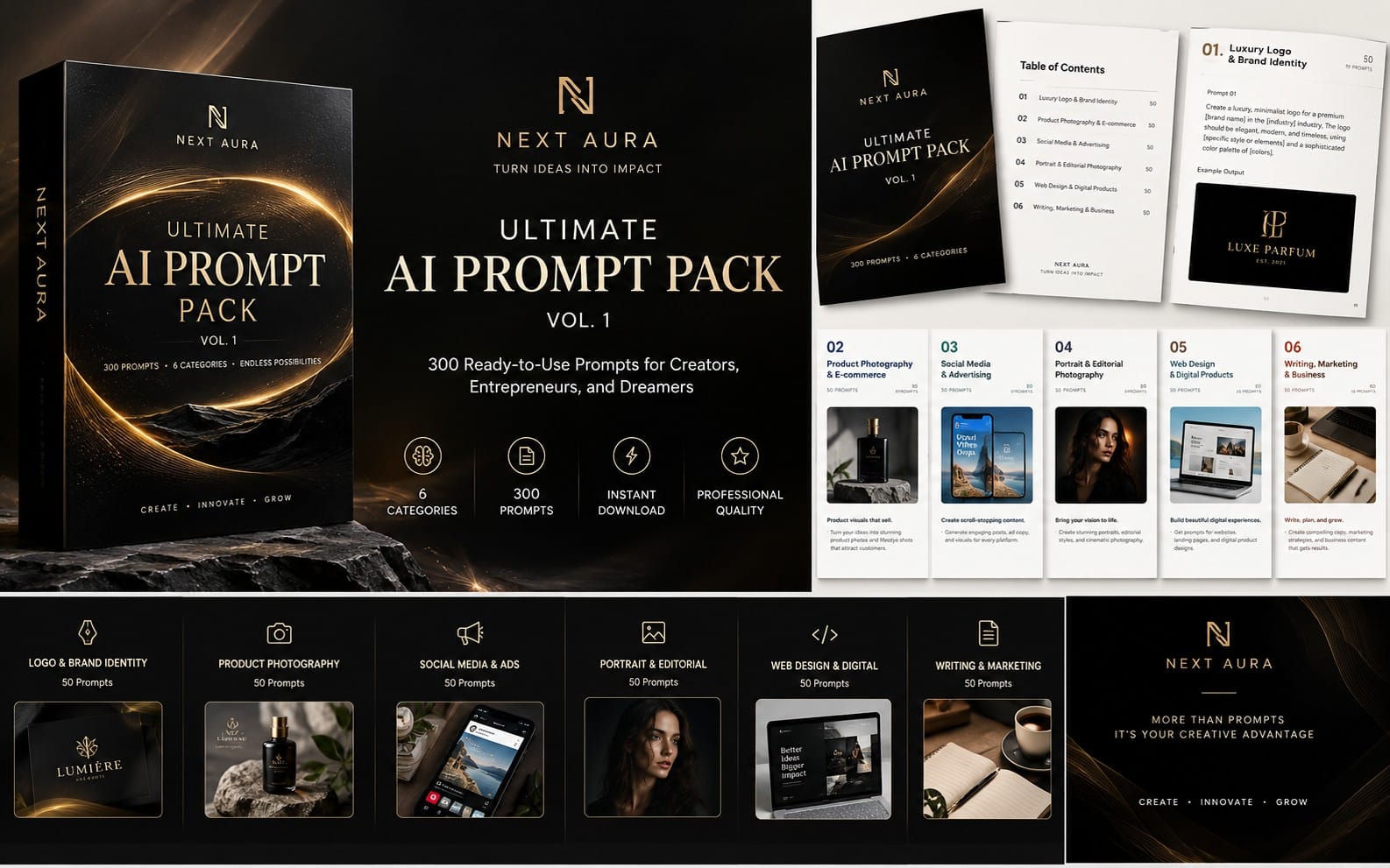 Promotional banner for NEXT AURA Ultimate AI Prompt Pack Vol. 1 with book cover and category cards showing 300 prompts