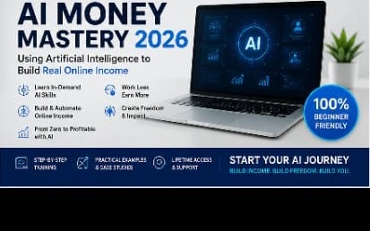 AI Money Mastery 2026 digital course banner with laptop, AI icons, and beginner-friendly badge