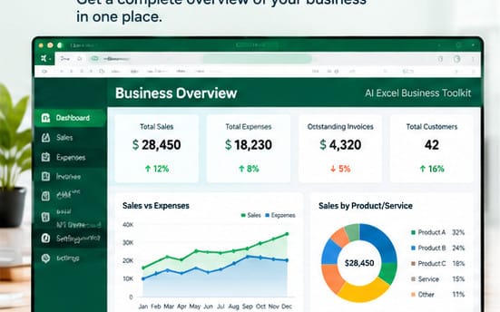 An Excel dashboard titled AI Excel Business Toolkit with sales, expenses, invoices, CRM, and KPI charts