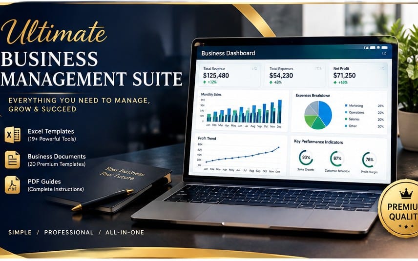 Promotional graphic showing an Excel workbook business management dashboard with stationery and templates toolkit