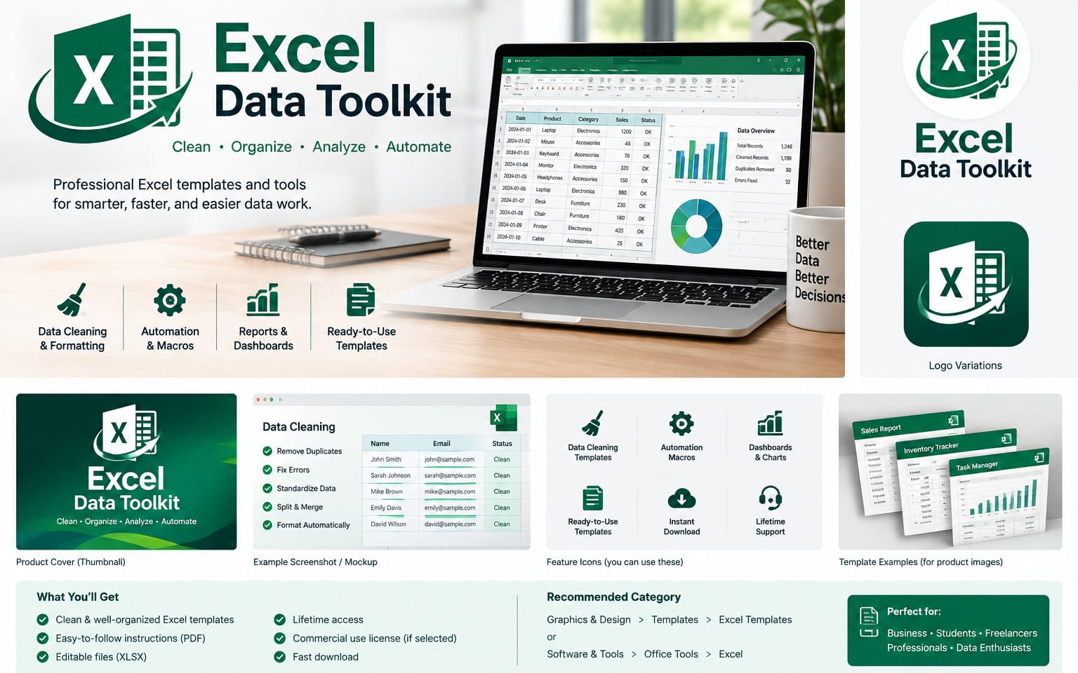 Green Excel Data Toolkit promotional banner with laptop mockup showing spreadsheet tables and feature icons