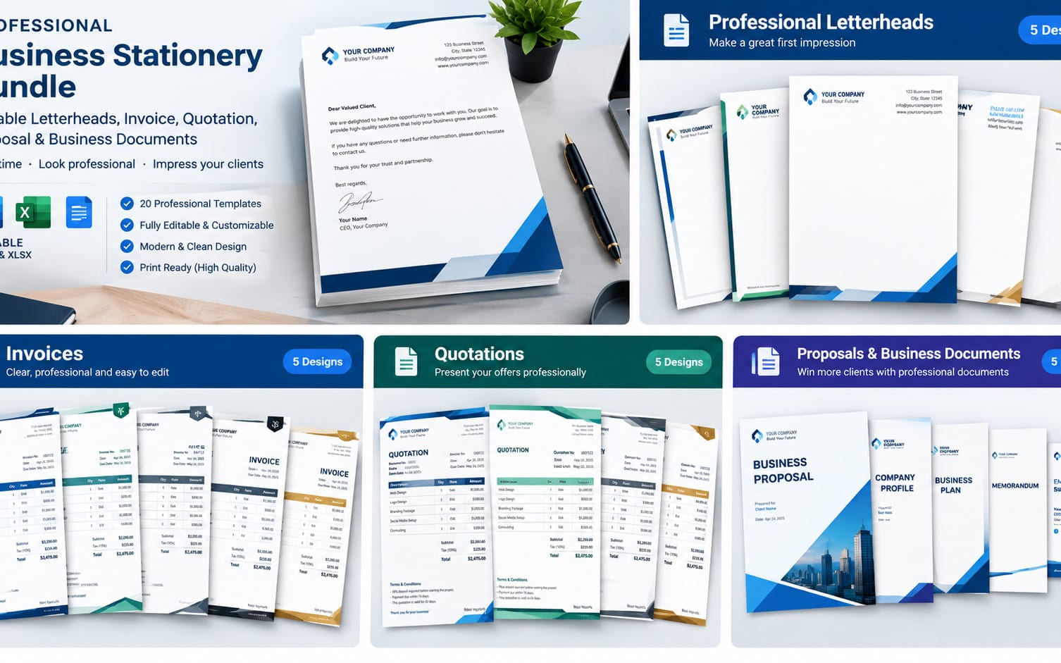 Collage of editable professional business stationery templates including letterheads, invoices, quotations, proposals
