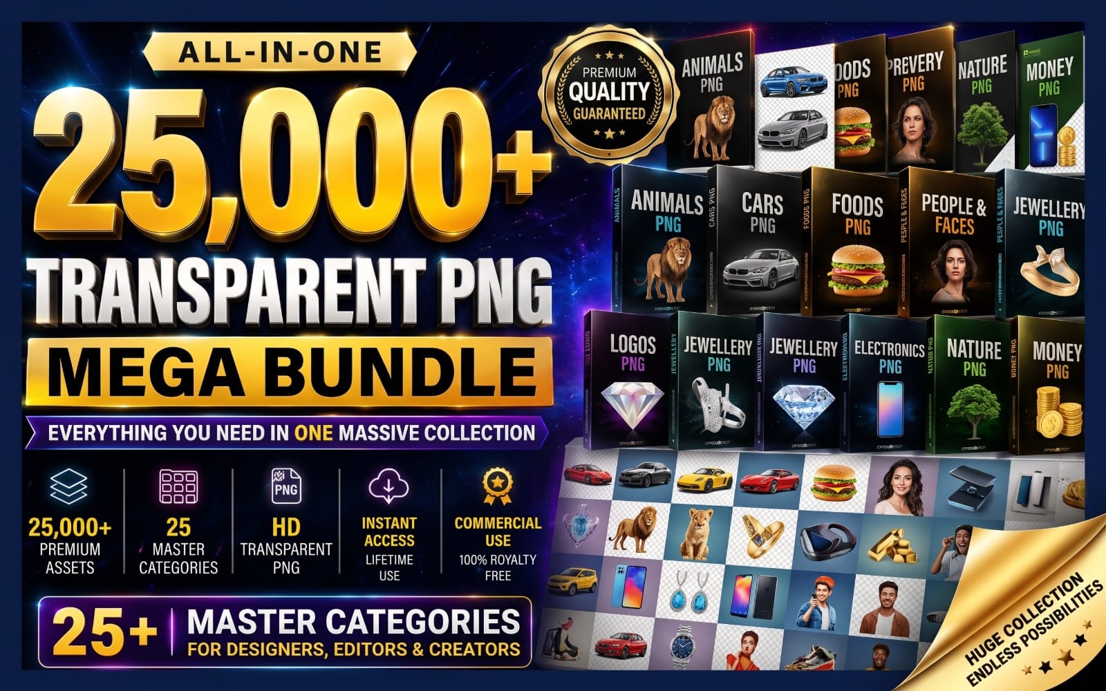 Promotional banner for a transparent PNG mega bundle featuring 25,000+ cutout assets like animals, cars, food, tech