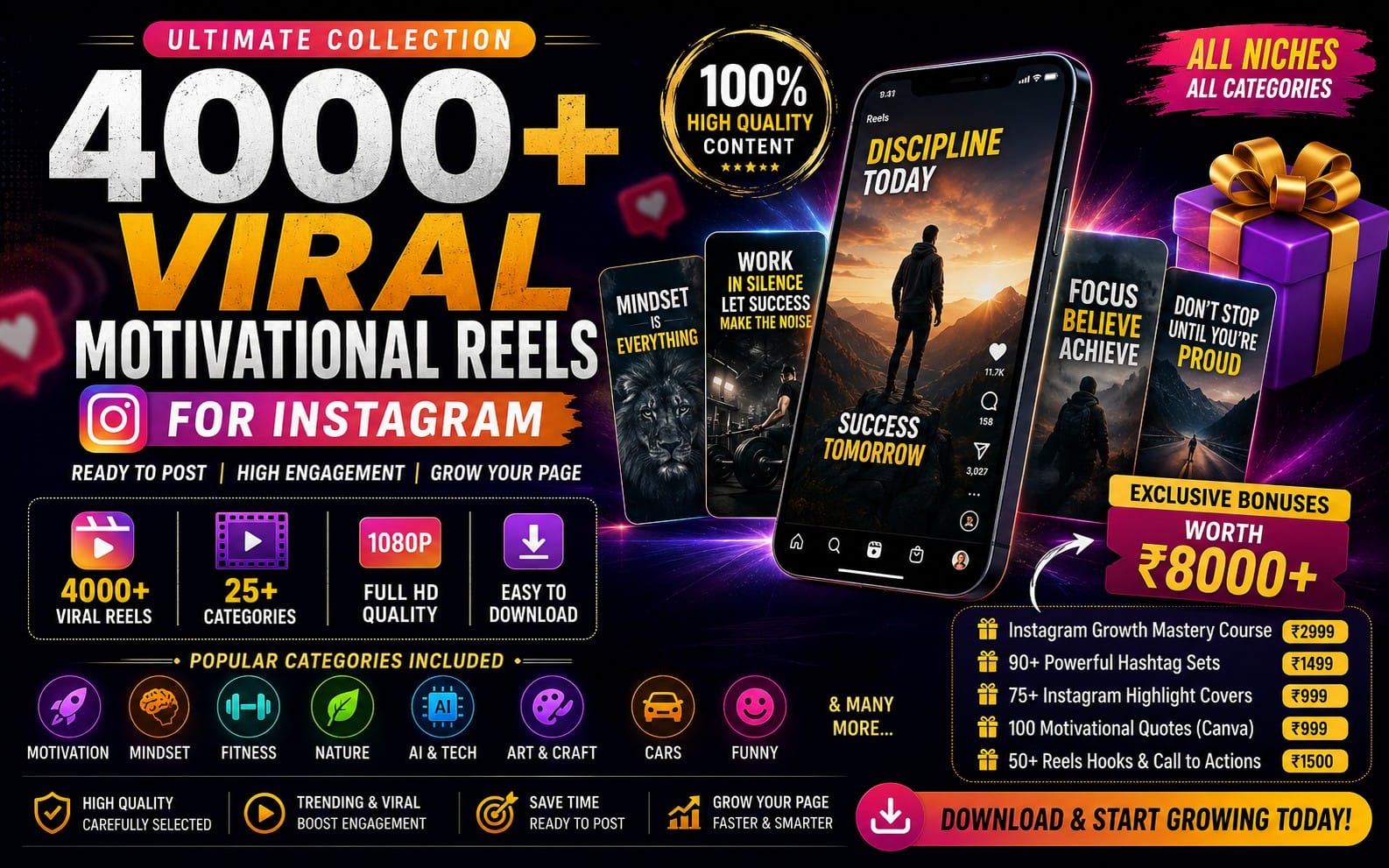 4000+ Viral Motivational Reels Bundle for Instagram | Ready-to-Post Reels, Canva Templates, 25+ Niches & ₹8000+ Bonuses