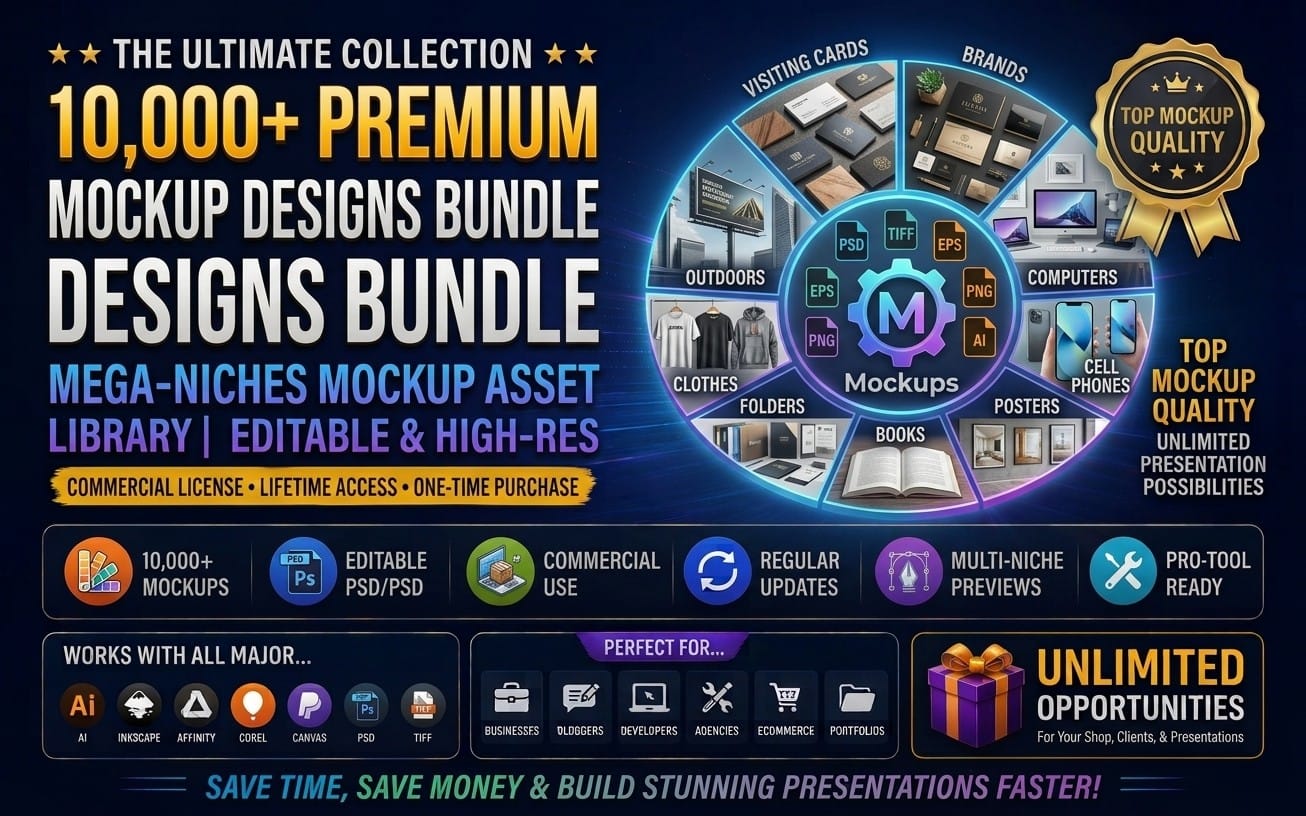 10,000+ Premium Mockup Designs Bundle | PSD Smart Object Templates | Branding, Apparel, Devices, Posters & Stationery | Commercial Use