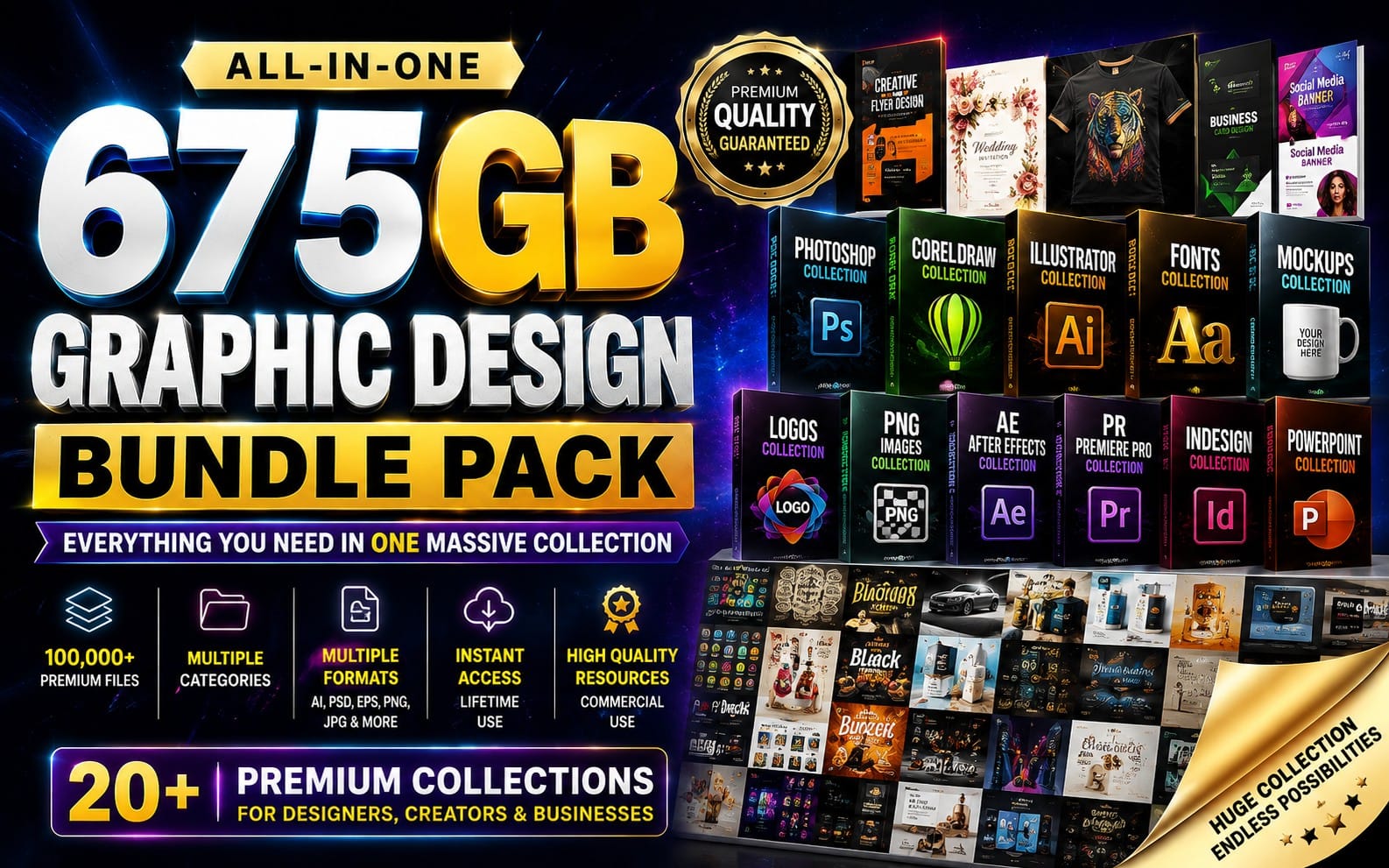 675GB Graphic Design Bundle – Photoshop, CorelDRAW, Illustrator, Fonts, Logos, Mockups, Vectors & Templates