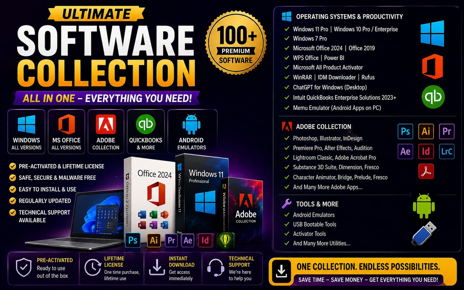 Ultimate Software Bundle для Windows и Android – 100+ премиум-приложений, Adobe Creative Suite, Microsoft Office, CorelDRAW, AutoCAD, видеомонтаж и другое