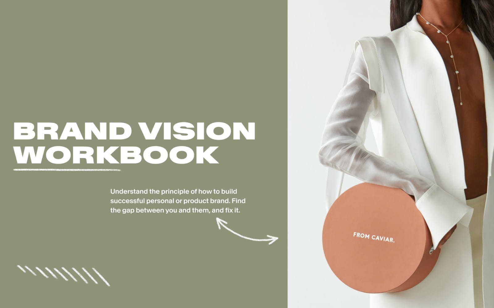 Woman in white blazer holding a brand vision workbook cover with title text on a clean modern layout