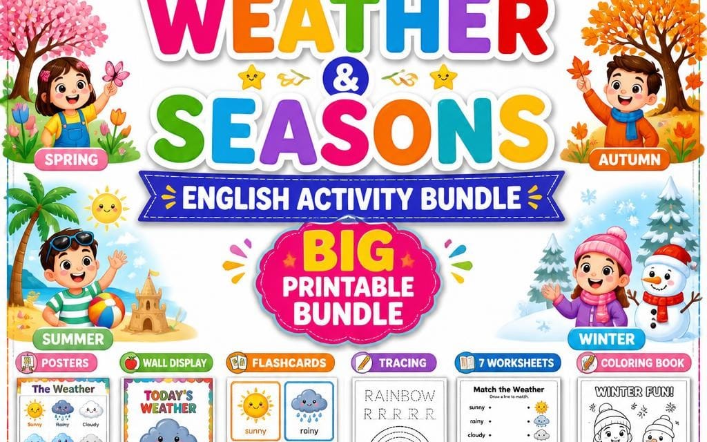 Colorful weather and seasons educational printable bundle for kids with posters flashcards worksheets and characters