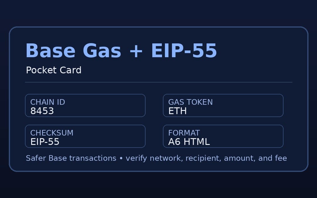 Base Gas + EIP-55 pocket card graphic with chain ID 8453, gas token ETH, checksum EIP-55, format A6 HTML