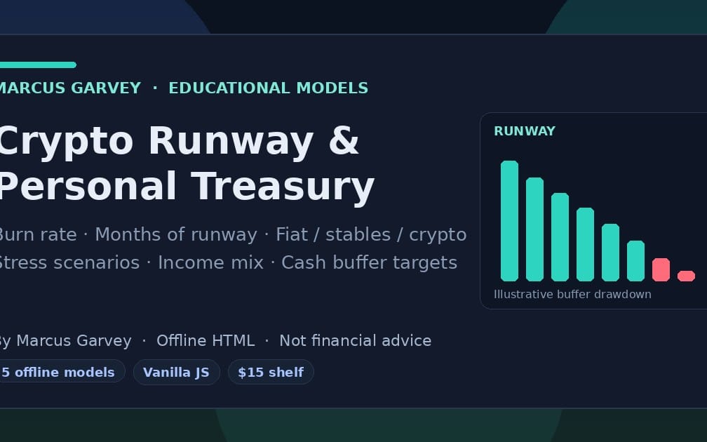 Cryptocurrency educational dashboard graphic for Crypto Runway & Personal Treasury with runway chart and text features