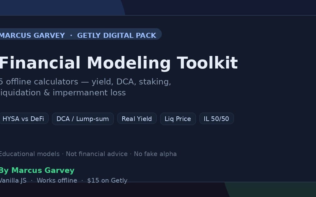 Financial modeling toolkit landing page for five offline calculators covering yield, DCA, staking, liquidation, and