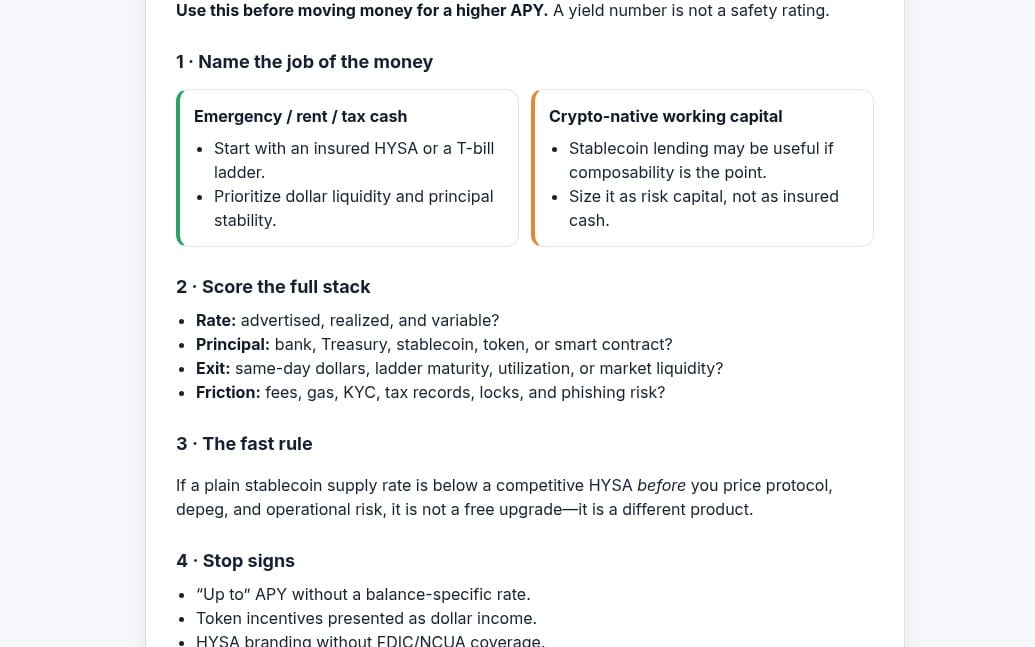 Cash vs Crypto Yield decision card with split sections comparing emergency cash and crypto working capital strategies