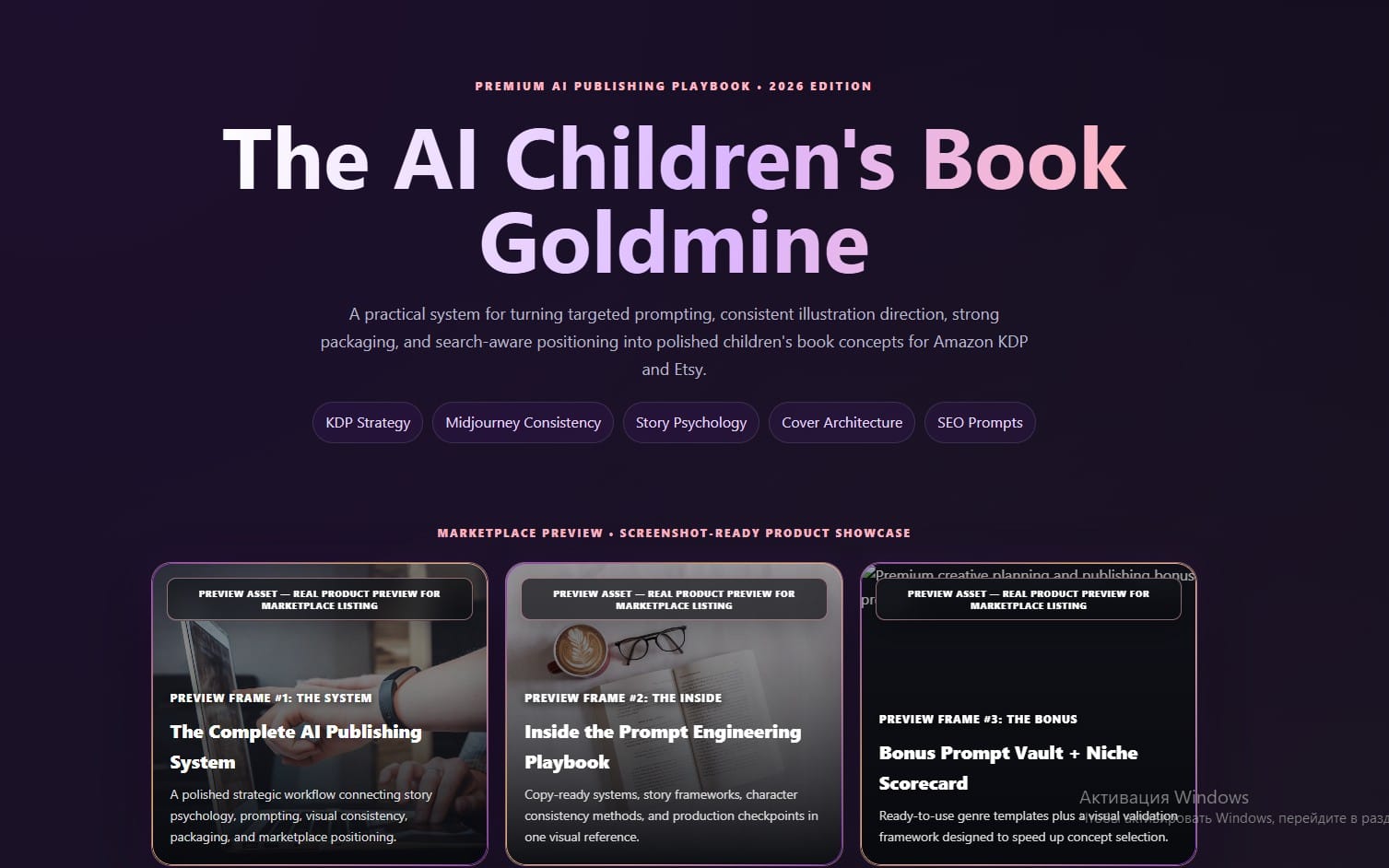 Promotional cover for an AI children’s book publishing guide with title text and three preview panels on a dark