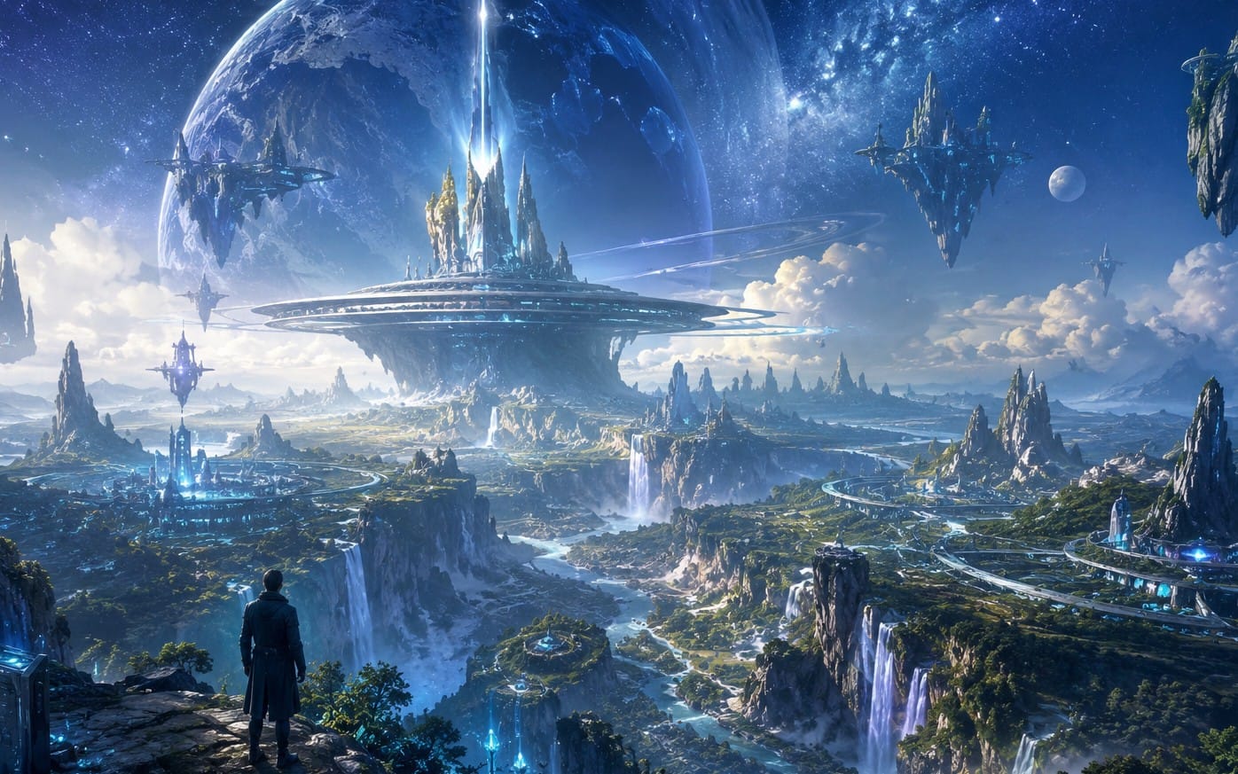 Futuristic sci-fi landscape with floating space stations, glowing city lights, waterfalls, and a lone traveler