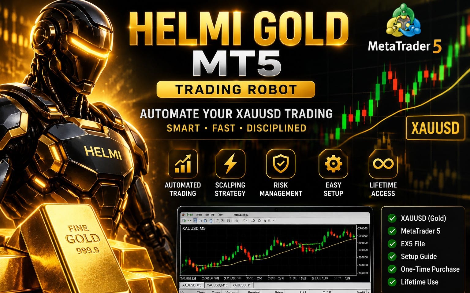 Gold-themed promotional banner for HELMI GOLD MT5 MetaTrader 5 automated trading robot, with charts and robot graphics