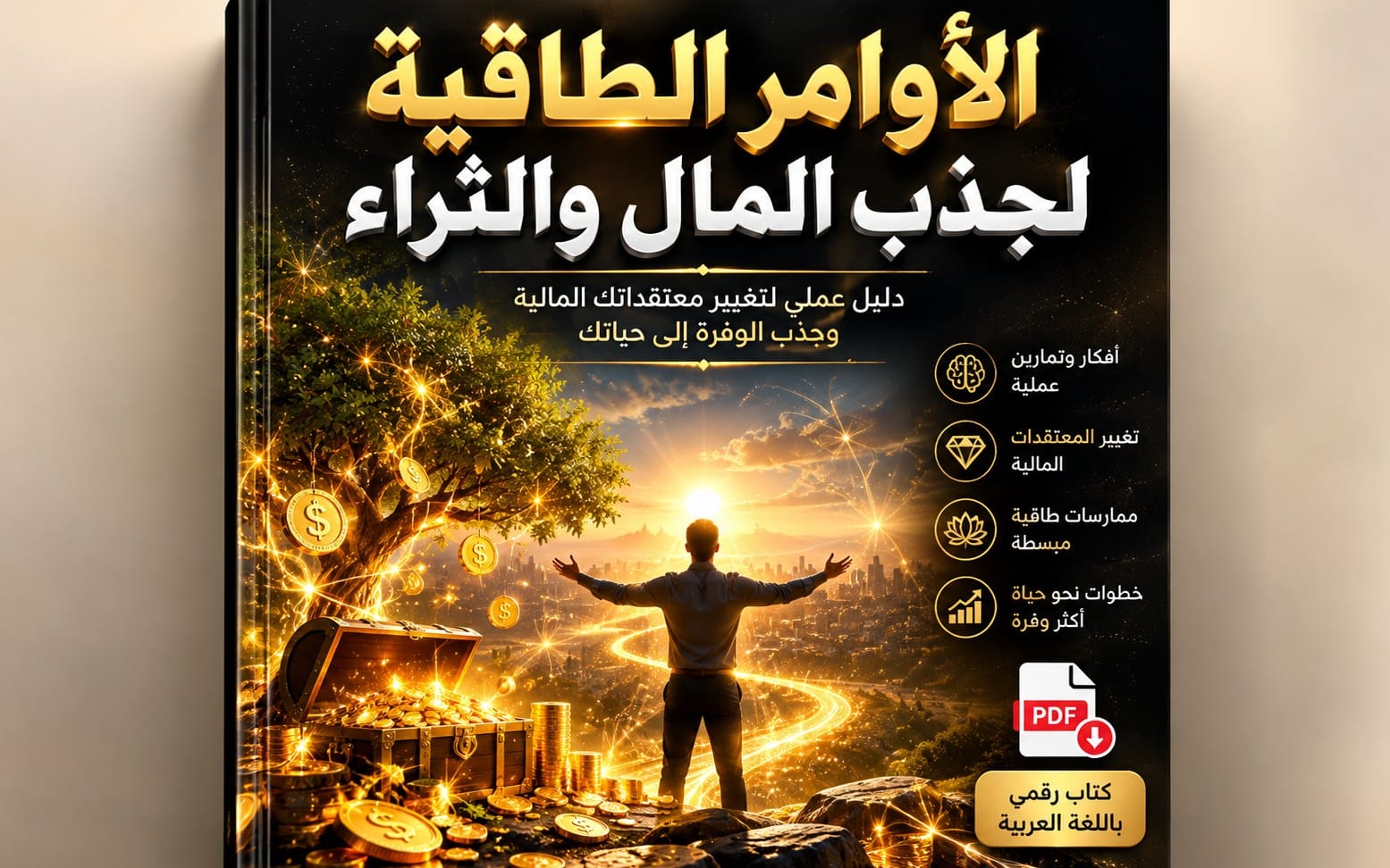 غلاف كتاب PDF عربي للأوامر الطاقية لجذب المال والثراء مع سماء ذهبية وأيقونات عملات ونمو
