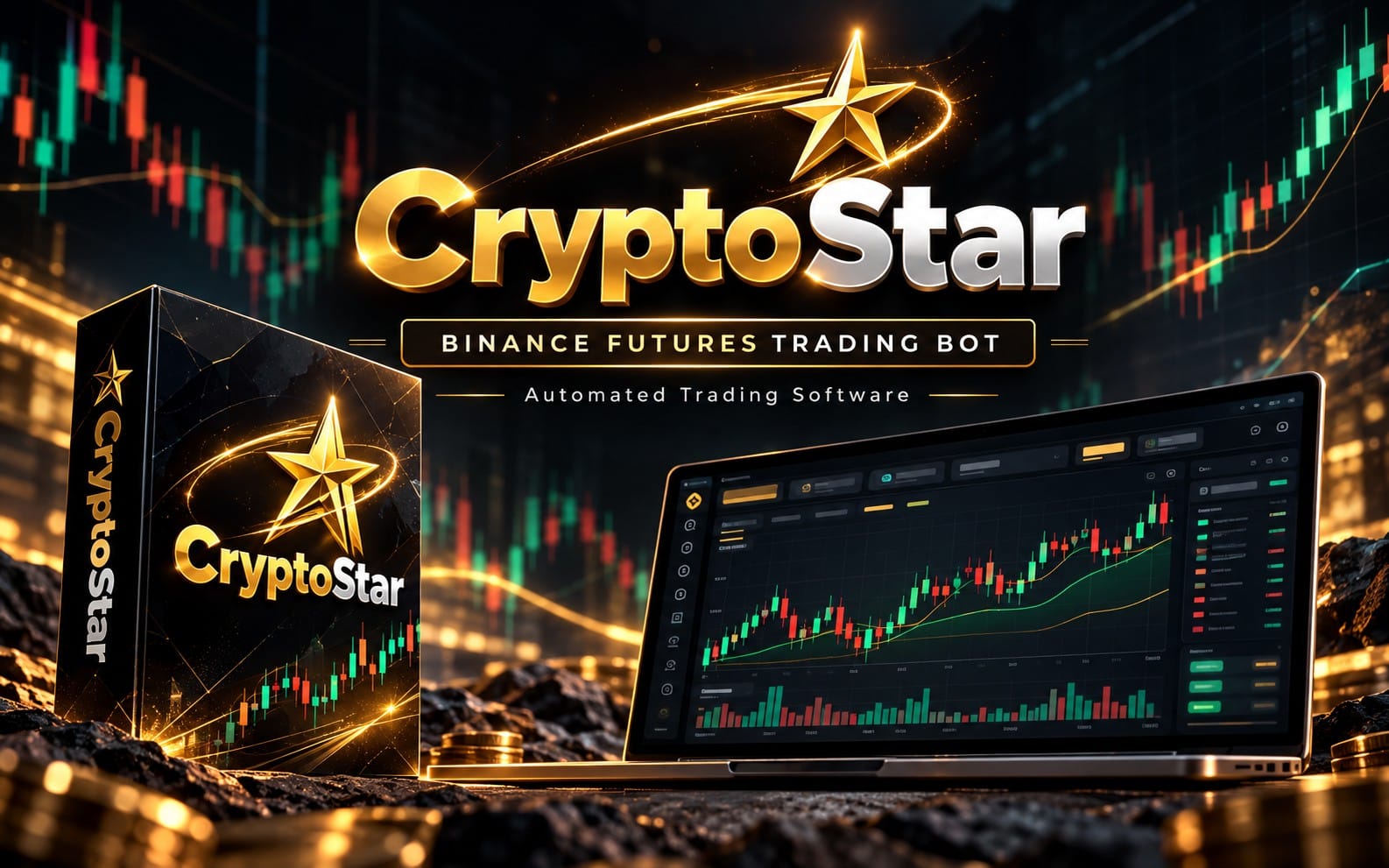 CryptoStar Binance Futures trading bot banner with laptop dashboard, candlestick charts, and gold star logo