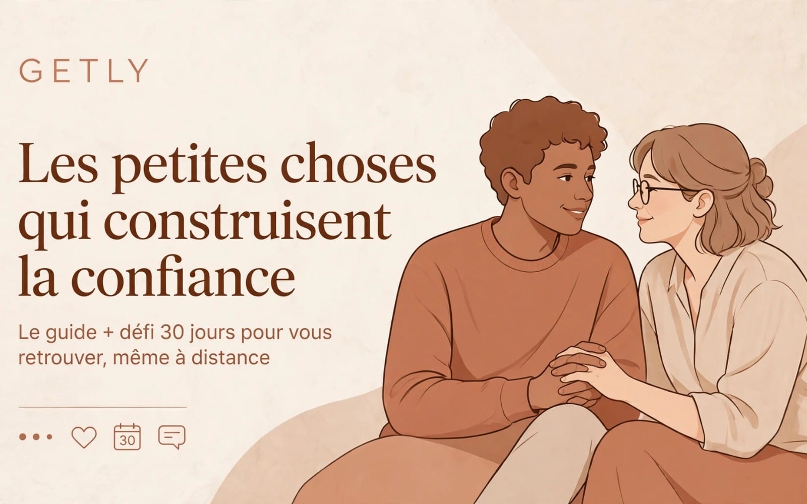 Bannière numérique de guide amour avec illustration de deux couples enlacés et texte Les petites choses qui font durer