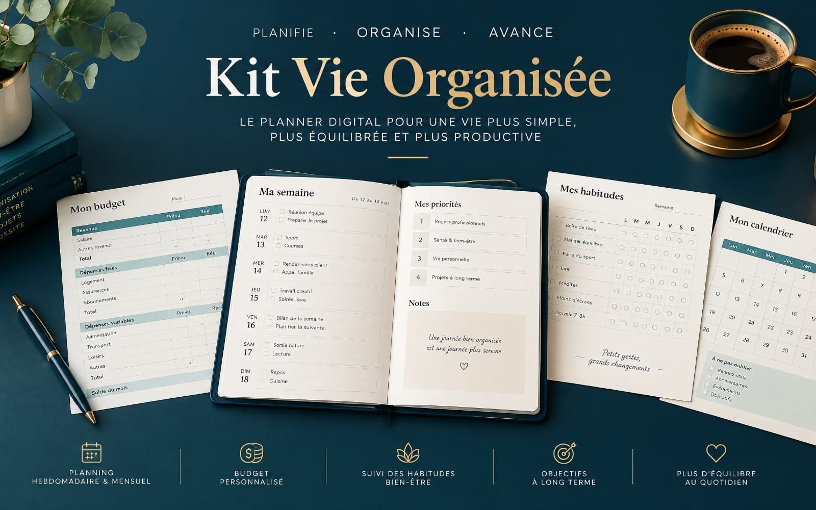 Couverture du Kit Vie Organisée avec planner, budget, habitudes et objectifs