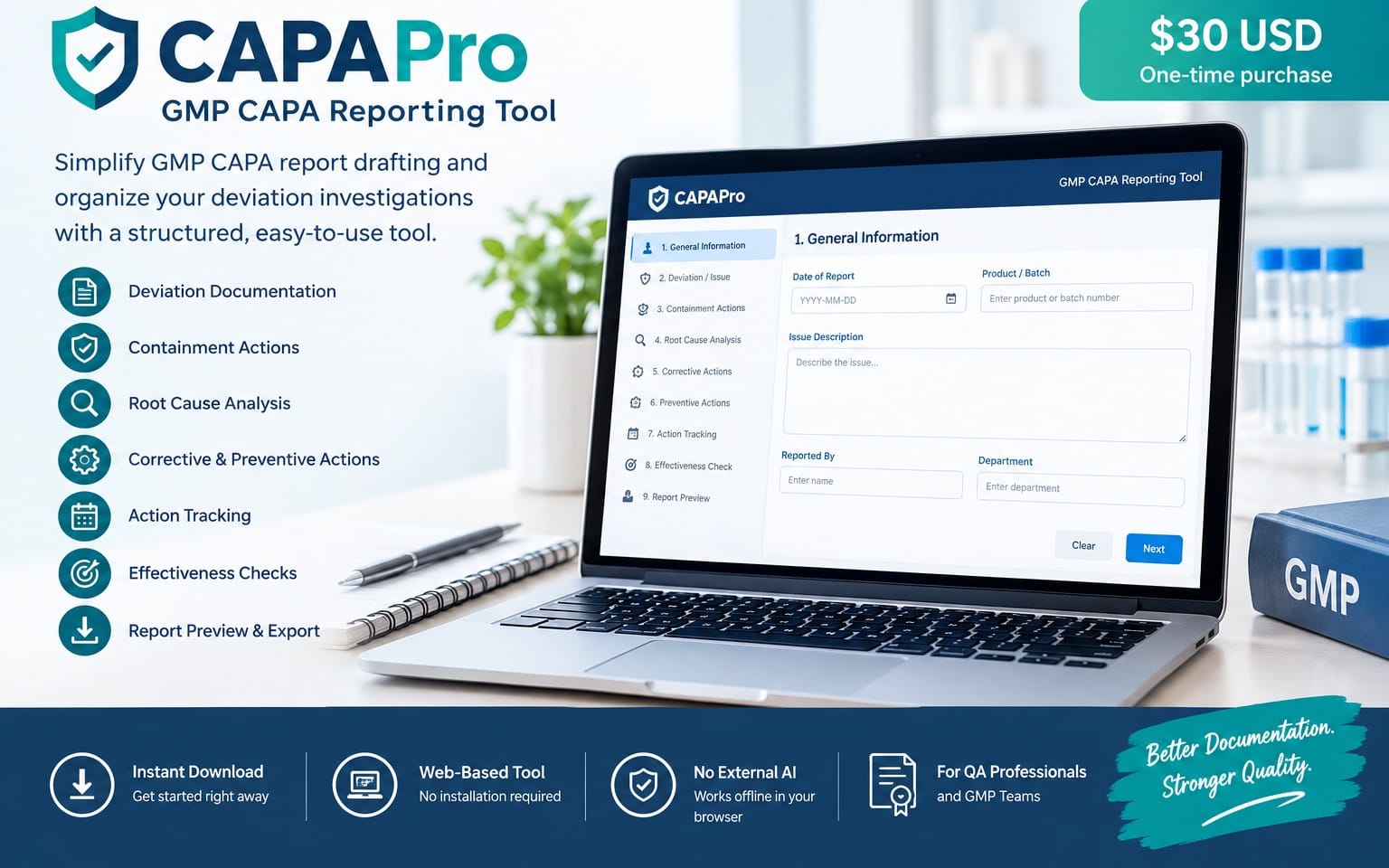 CAPAPro GMP CAPA reporting tool interface displayed on a laptop screen with QA icons and document graphics