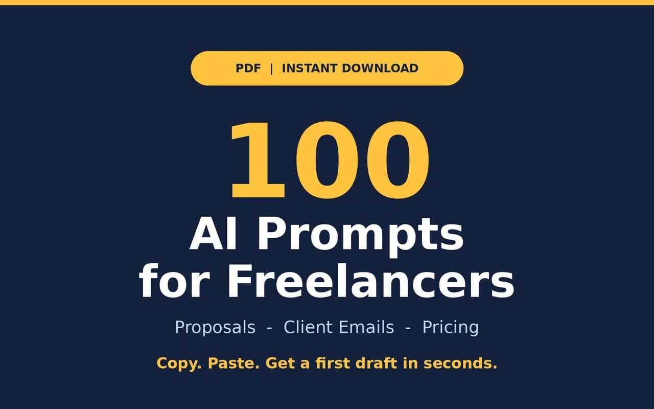 Digital PDF cover for 100 AI prompts for freelancers with proposals, client emails, and pricing text on dark background