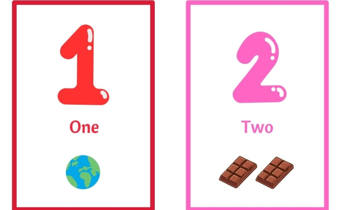 Numbers flashcards for children showing One and Two with globe and chocolate icons