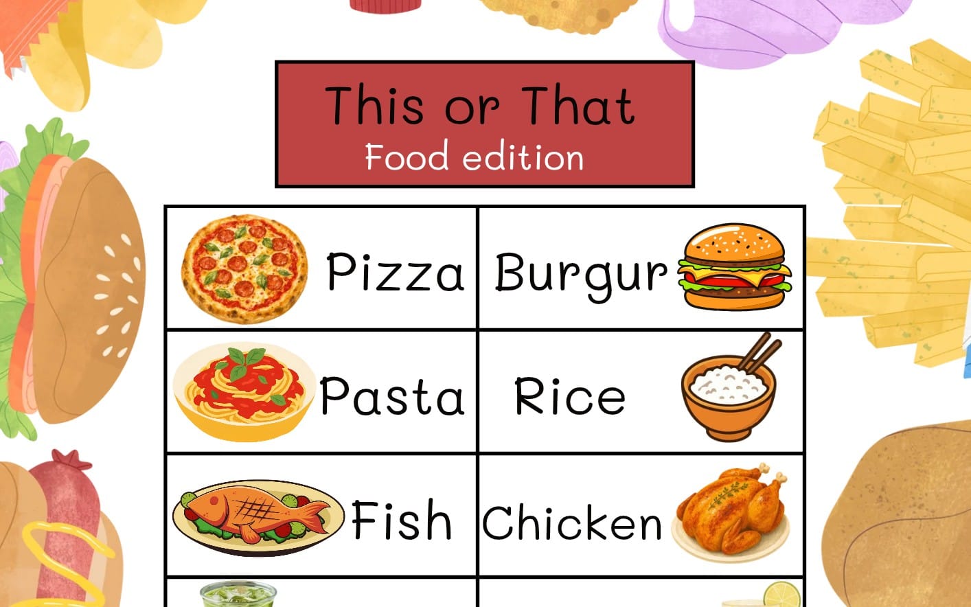 This or That food edition challenge card with pizza, burger, pasta, rice, fish, and chicken icons