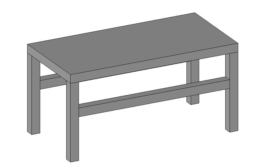 3D render of a parametric table with gray legs and frame, CAD-style furniture model